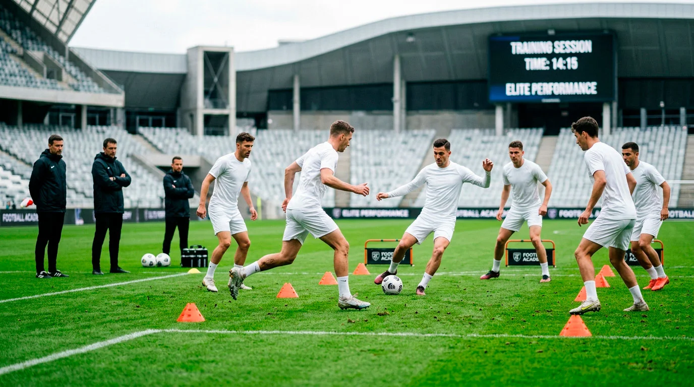 New Zealand All Whites football players during a training session on a green pitch with cones and equipment