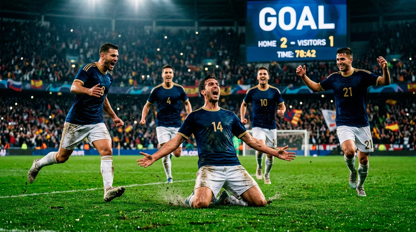 Football players in national team kits celebrating a goal together on the pitch during a major tournament