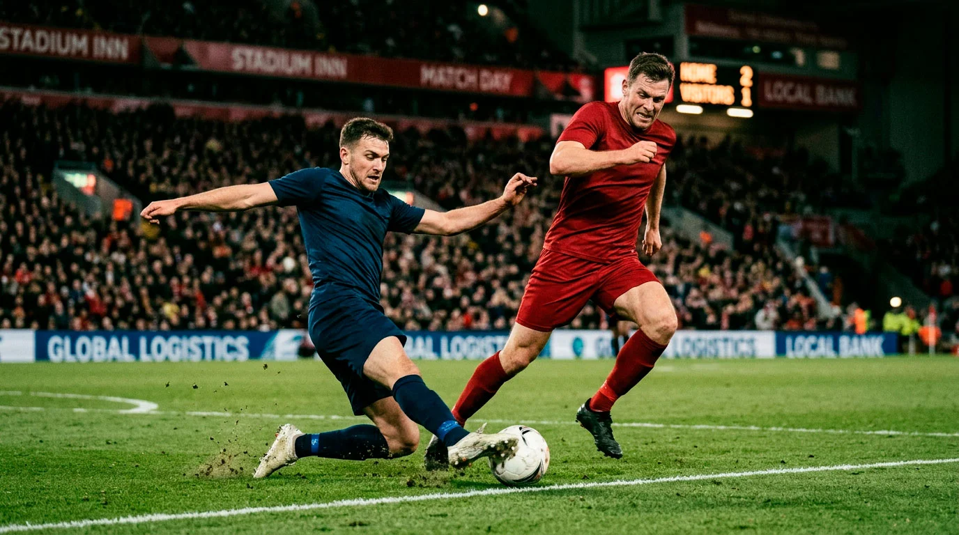 Two football teams competing for the ball during an intense group stage match under floodlights