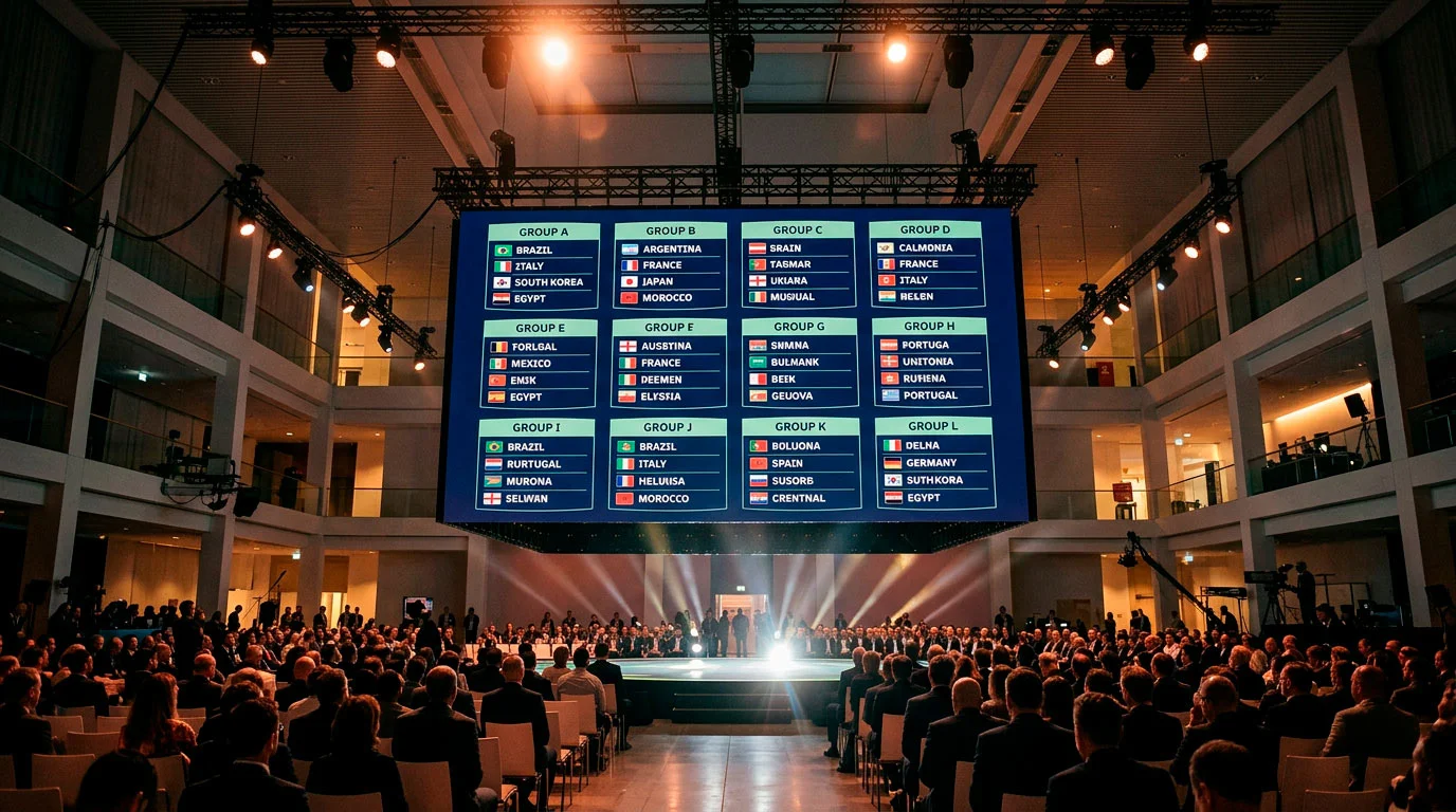 World Cup 2026 group stage draw overview showing all twelve groups arranged on a dark tournament dashboard