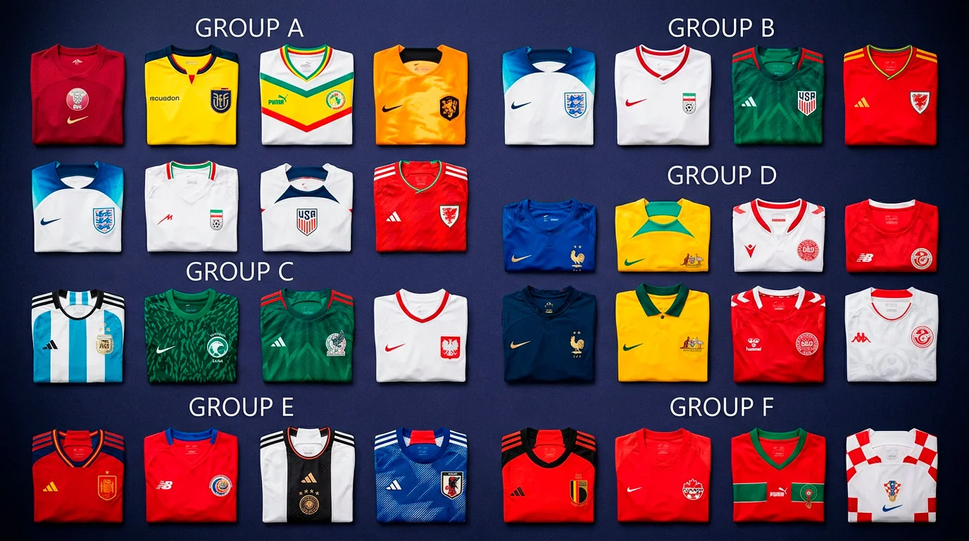 Visual overview of World Cup 2026 Groups A through F with team crests and key match fixtures