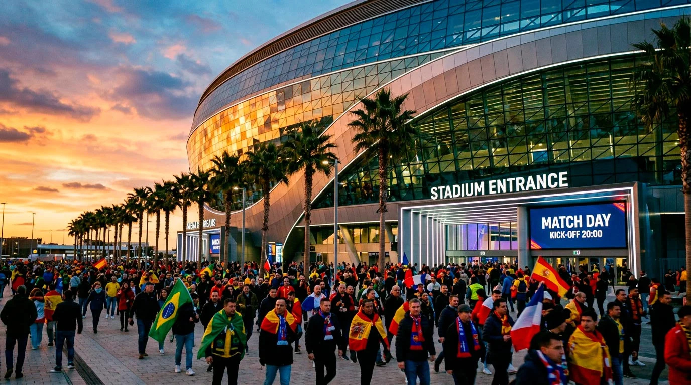 Modern football stadium exterior at sunset with fans approaching the entrance before a World Cup match
