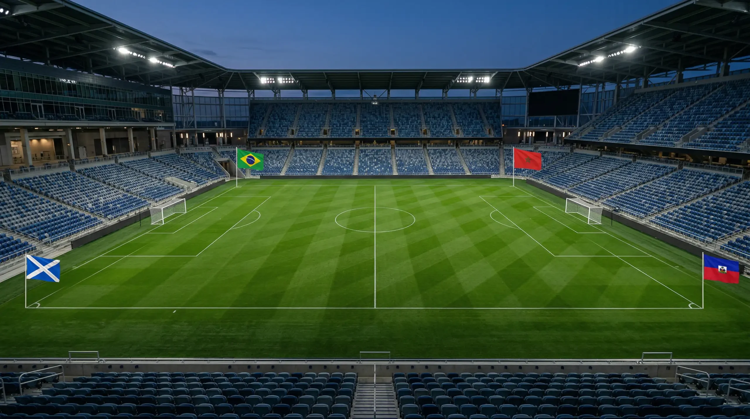 World Cup 2026 Group C featuring Brazil, Morocco, Scotland and Haiti flags with a football pitch background