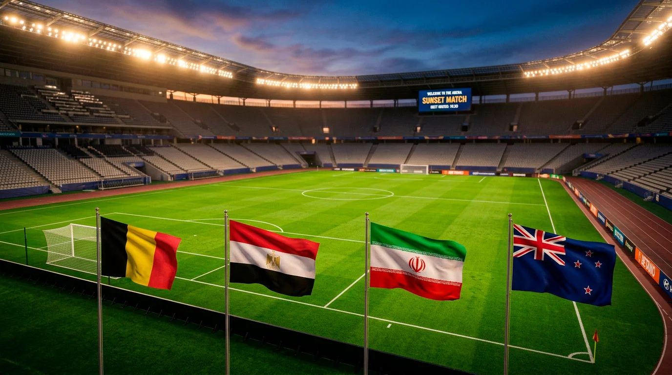 World Cup 2026 Group G preview featuring Belgium, Egypt, Iran and New Zealand flags against a stadium backdrop