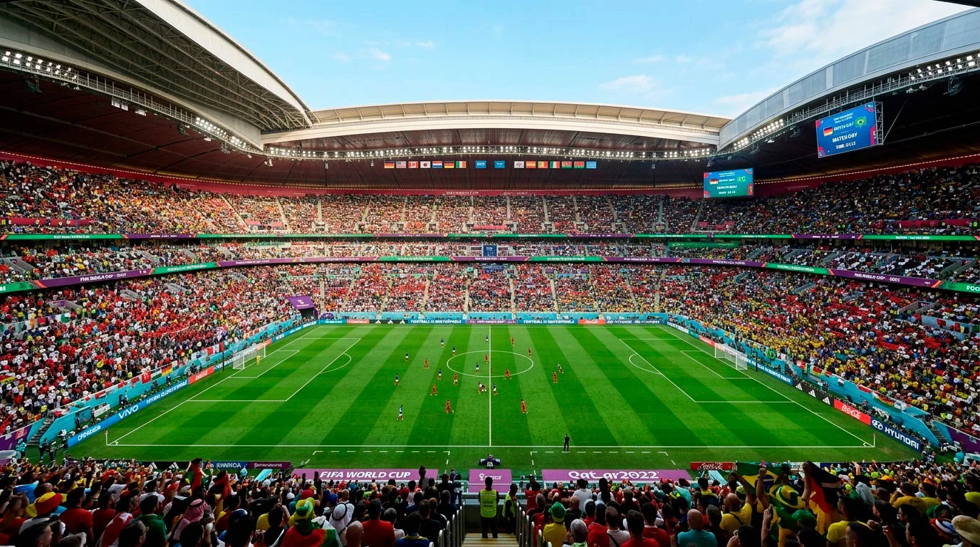 Panoramic view of a packed football stadium prepared for the 2026 FIFA World Cup with national flags displayed